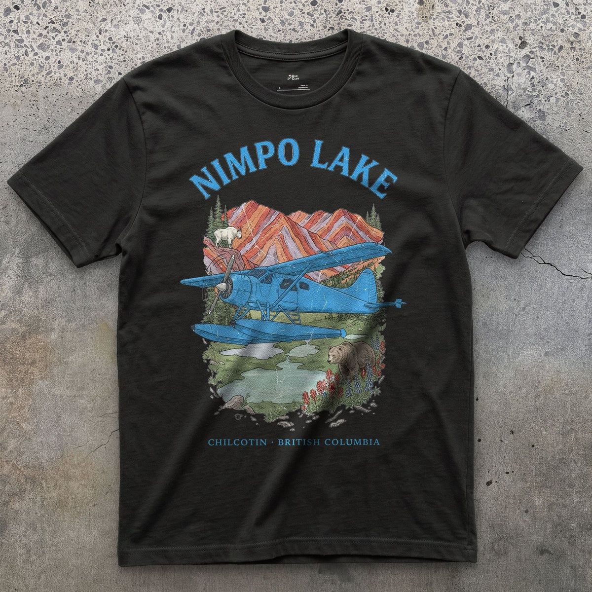 Nimpo Lake Bush Plane design on a Black Gildan Softstyle t-shirt