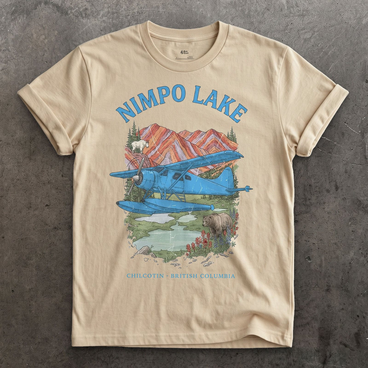 Nimpo Lake Bush Plane design on a Sand Gildan Softstyle t-shirt