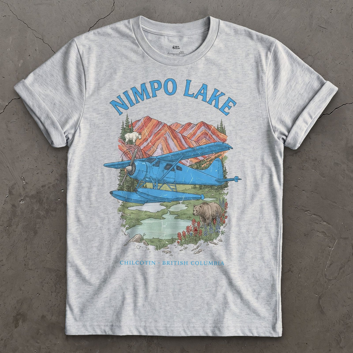 Nimpo Lake Bush Plane design on a Sport Grey Gildan Softstyle t-shirt