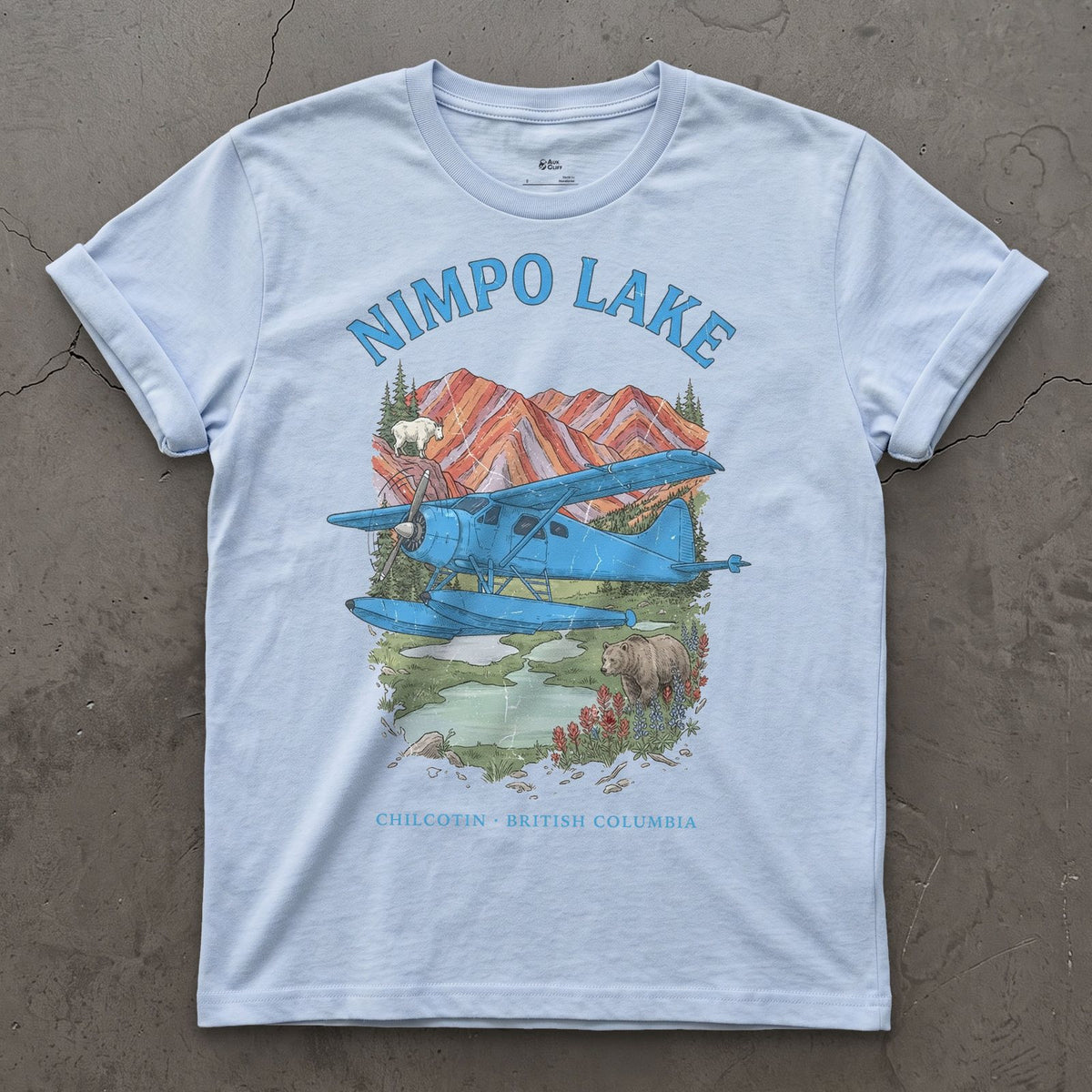 Nimpo Lake Bush Plane design on a Light Blue Gildan Softstyle t-shirt