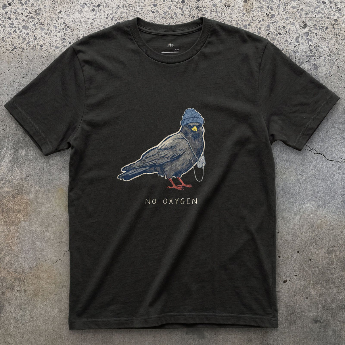 Trekking Chough, No Oxygen at Altitude design on a Black Gildan Softstyle t-shirt