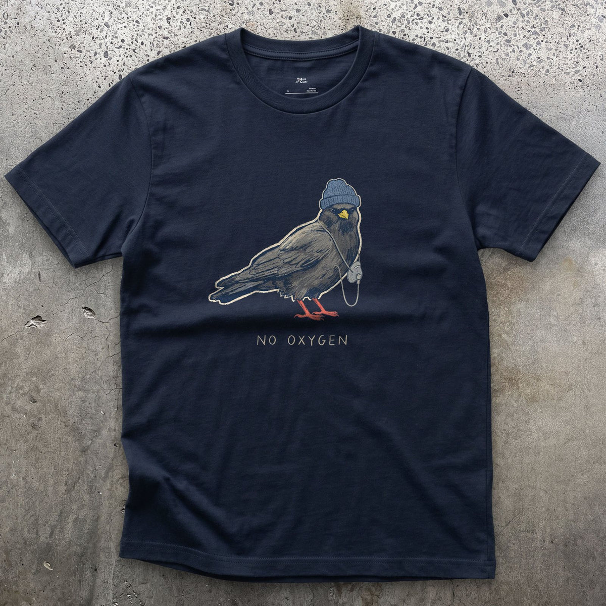 Trekking Chough, No Oxygen at Altitude design on a Navy Gildan Softstyle t-shirt