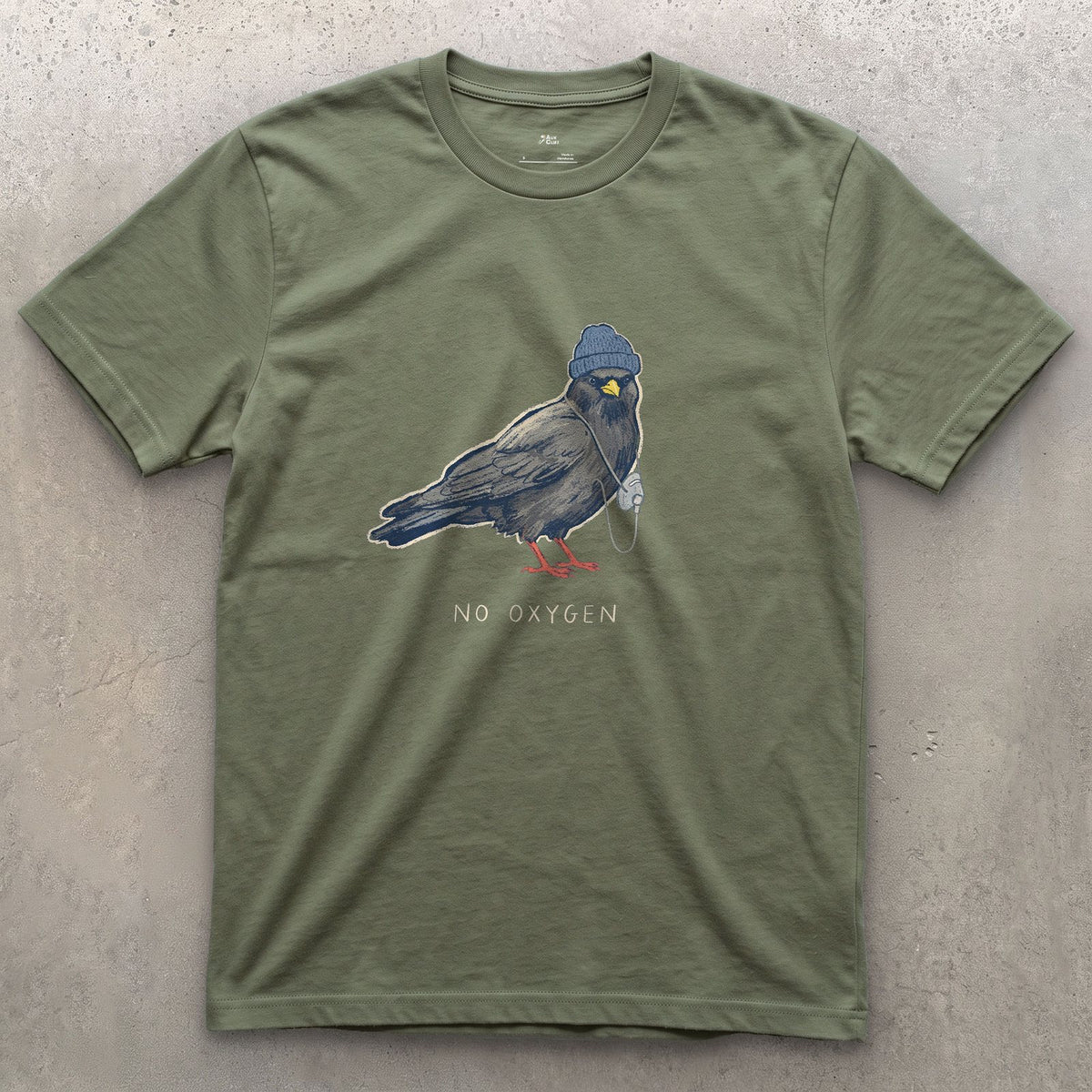 Trekking Chough, No Oxygen at Altitude design on a Military Green Gildan Softstyle t-shirt