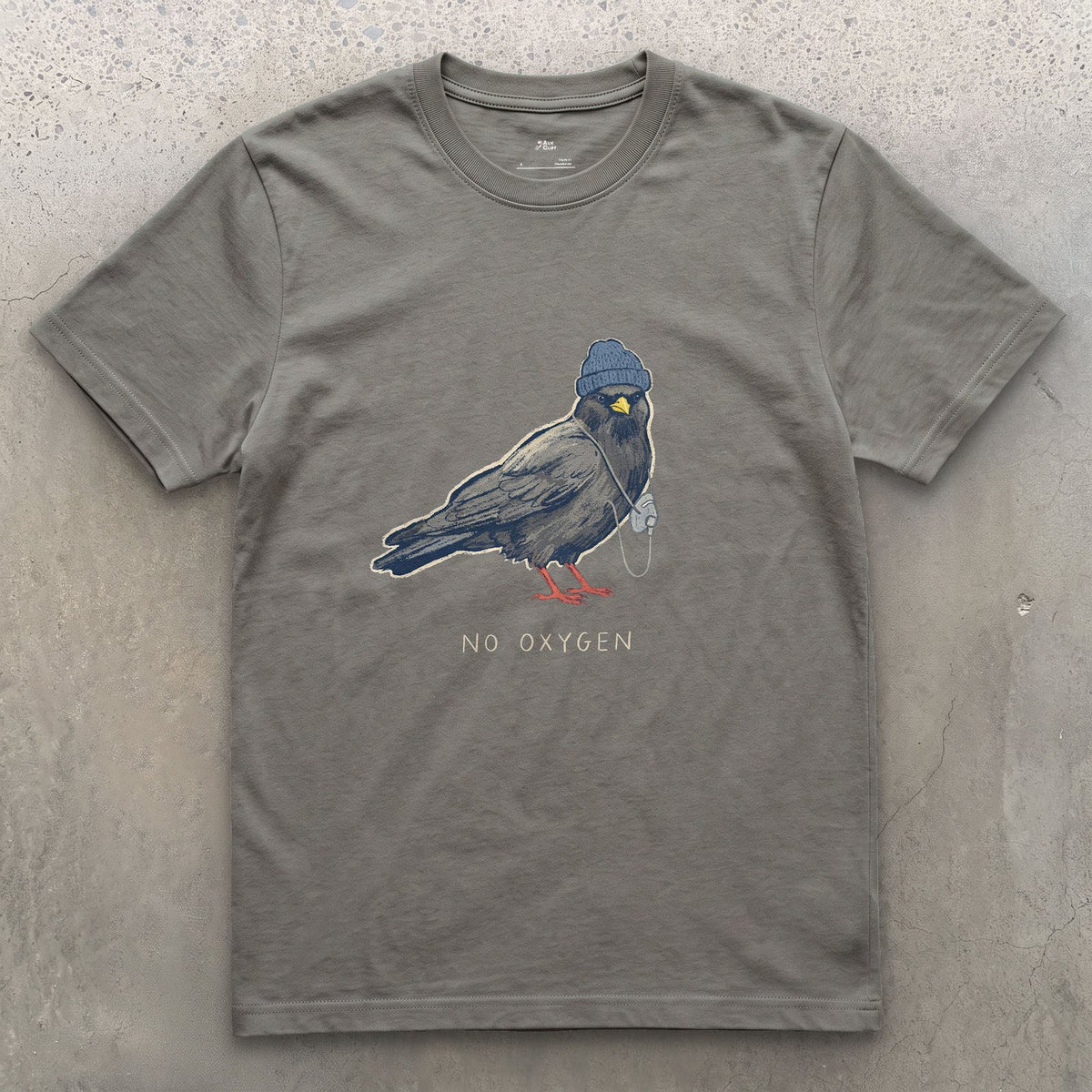 Trekking Chough, No Oxygen at Altitude design on a Charcoal Gildan Softstyle t-shirt