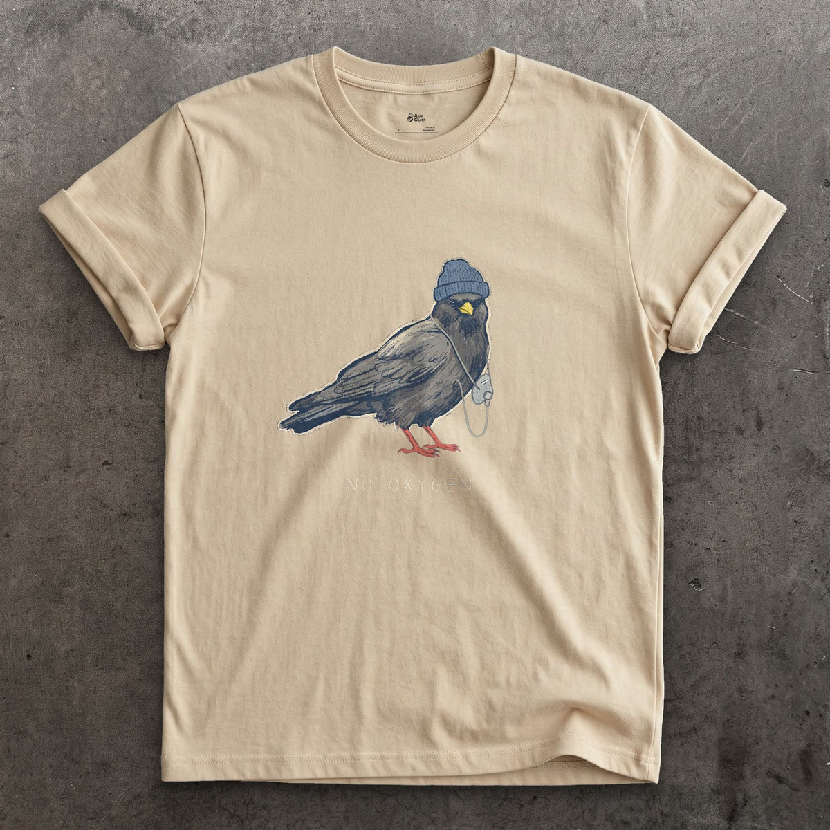 Trekking Chough, No Oxygen at Altitude design on a Sand Gildan Softstyle t-shirt