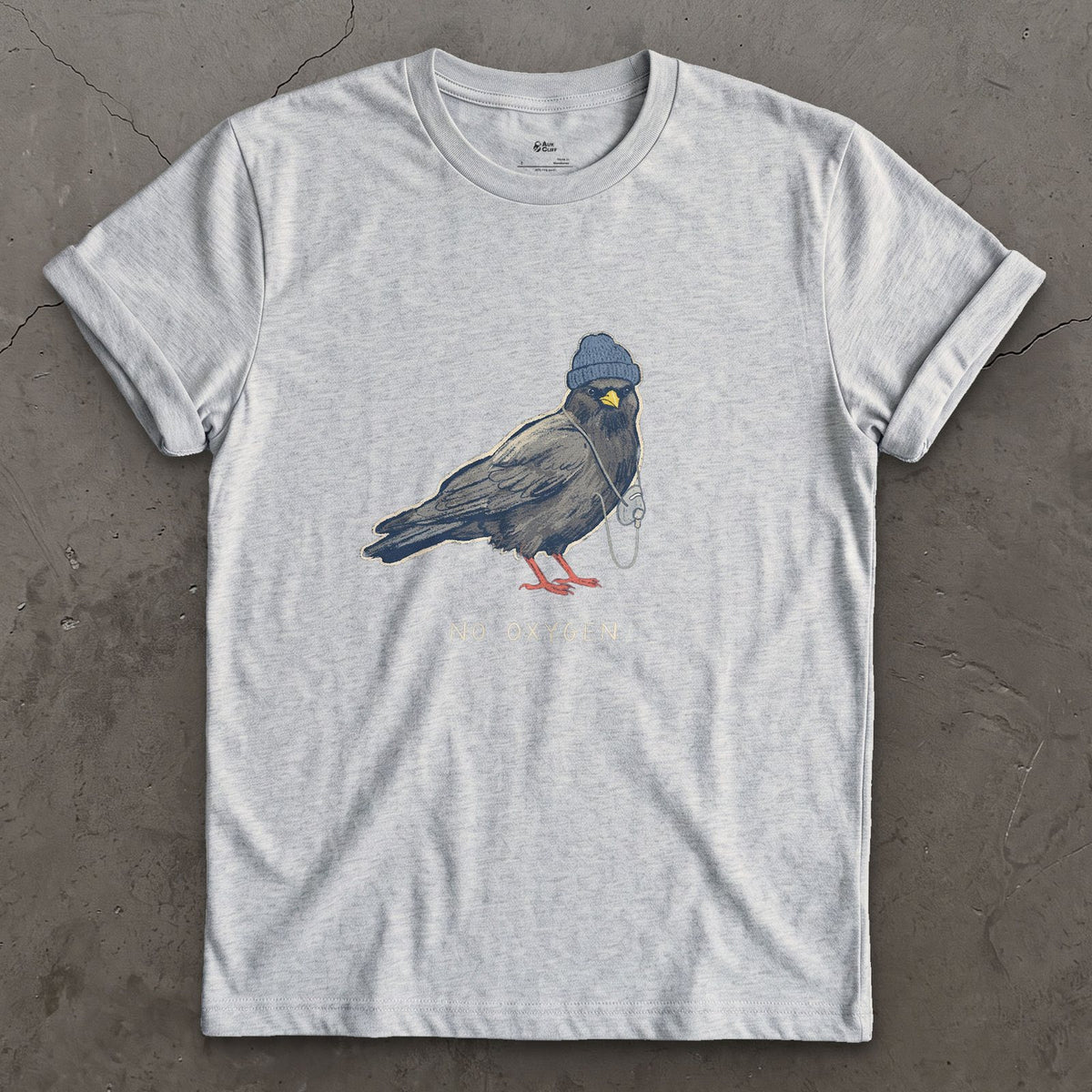 Trekking Chough, No Oxygen at Altitude design on a Sport Grey Gildan Softstyle t-shirt