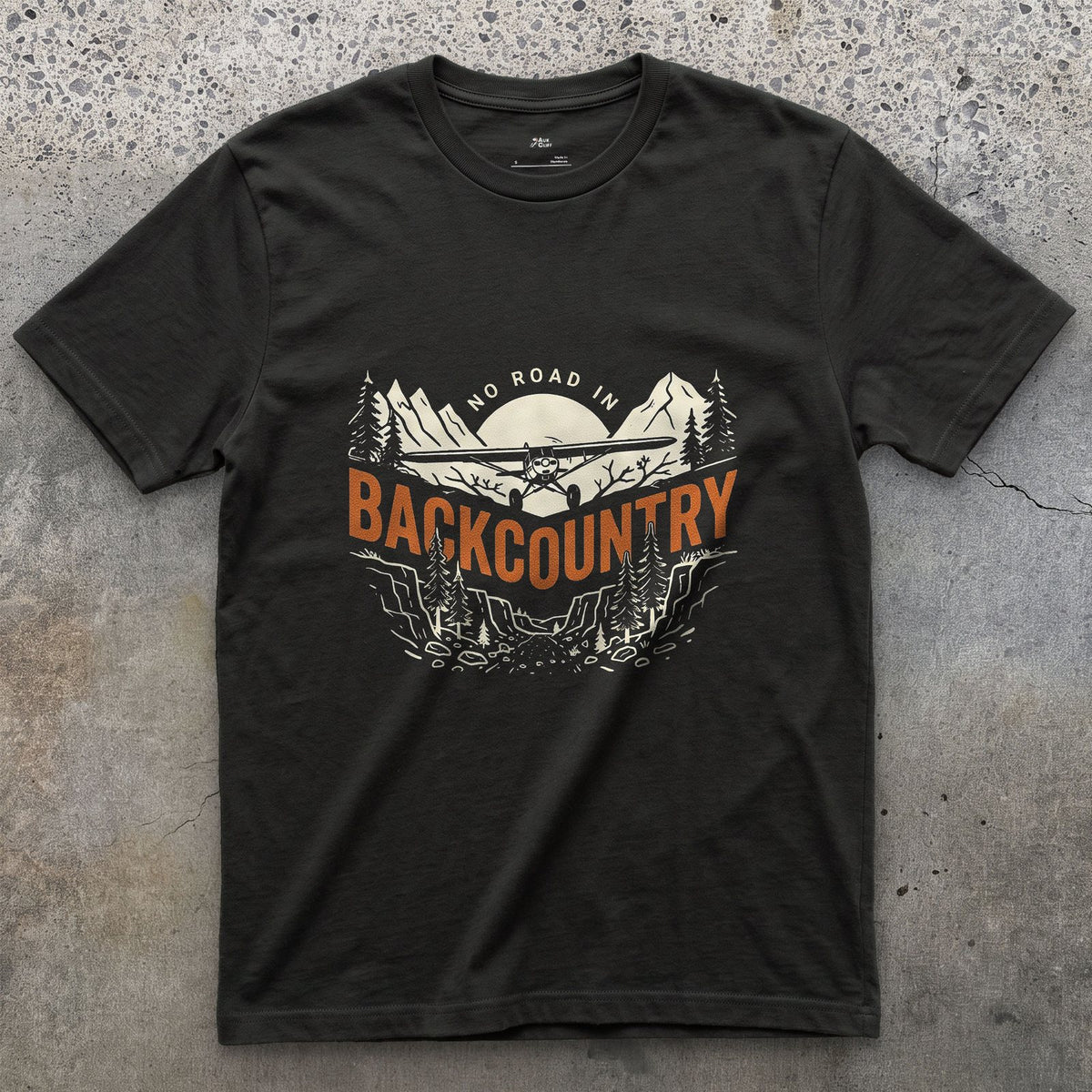 No Road In Backcountry design on a Black Gildan Softstyle t-shirt