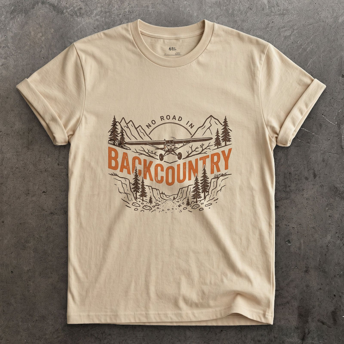 No Road In Backcountry design on a Sand Gildan Softstyle t-shirt