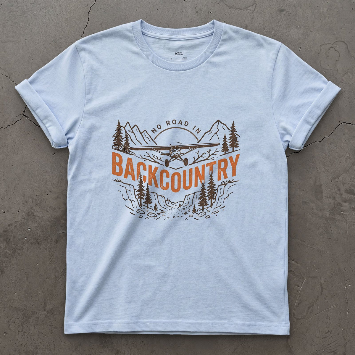 No Road In Backcountry design on a Light Blue Gildan Softstyle t-shirt