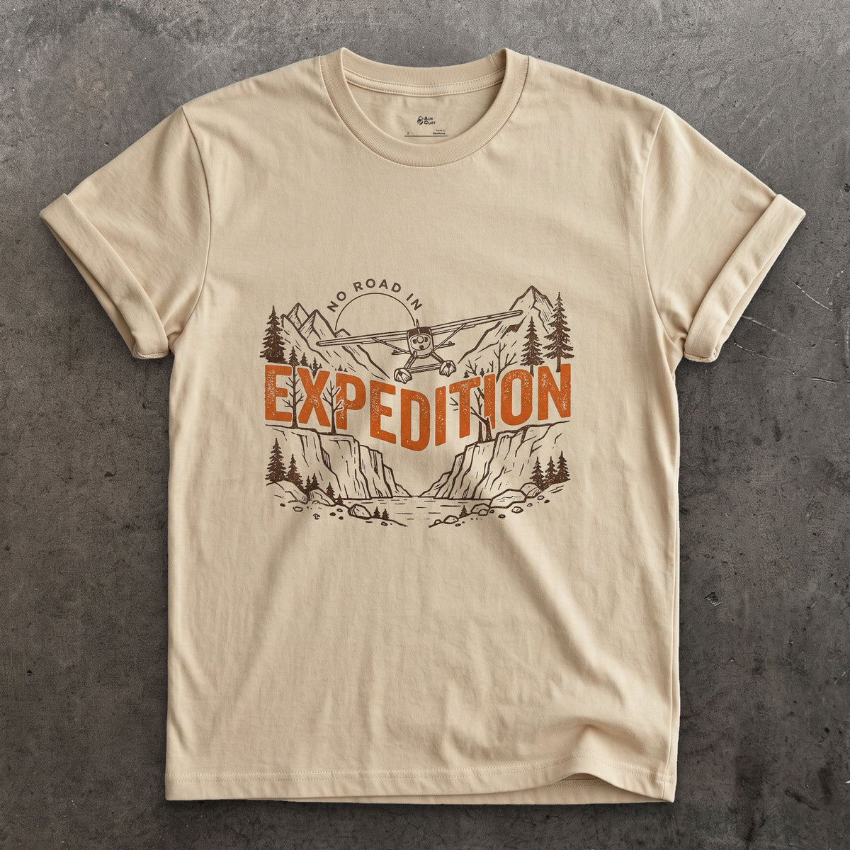 No Road In Expedition design on a Sand Gildan Softstyle t-shirt
