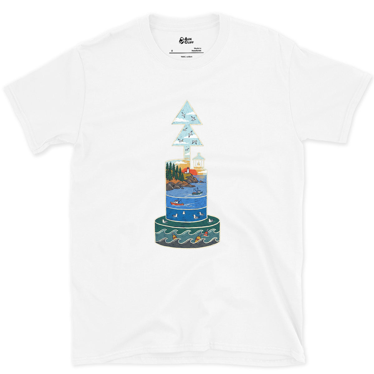 North Cardinal Buoy, First Light design on a White Gildan Softstyle t-shirt