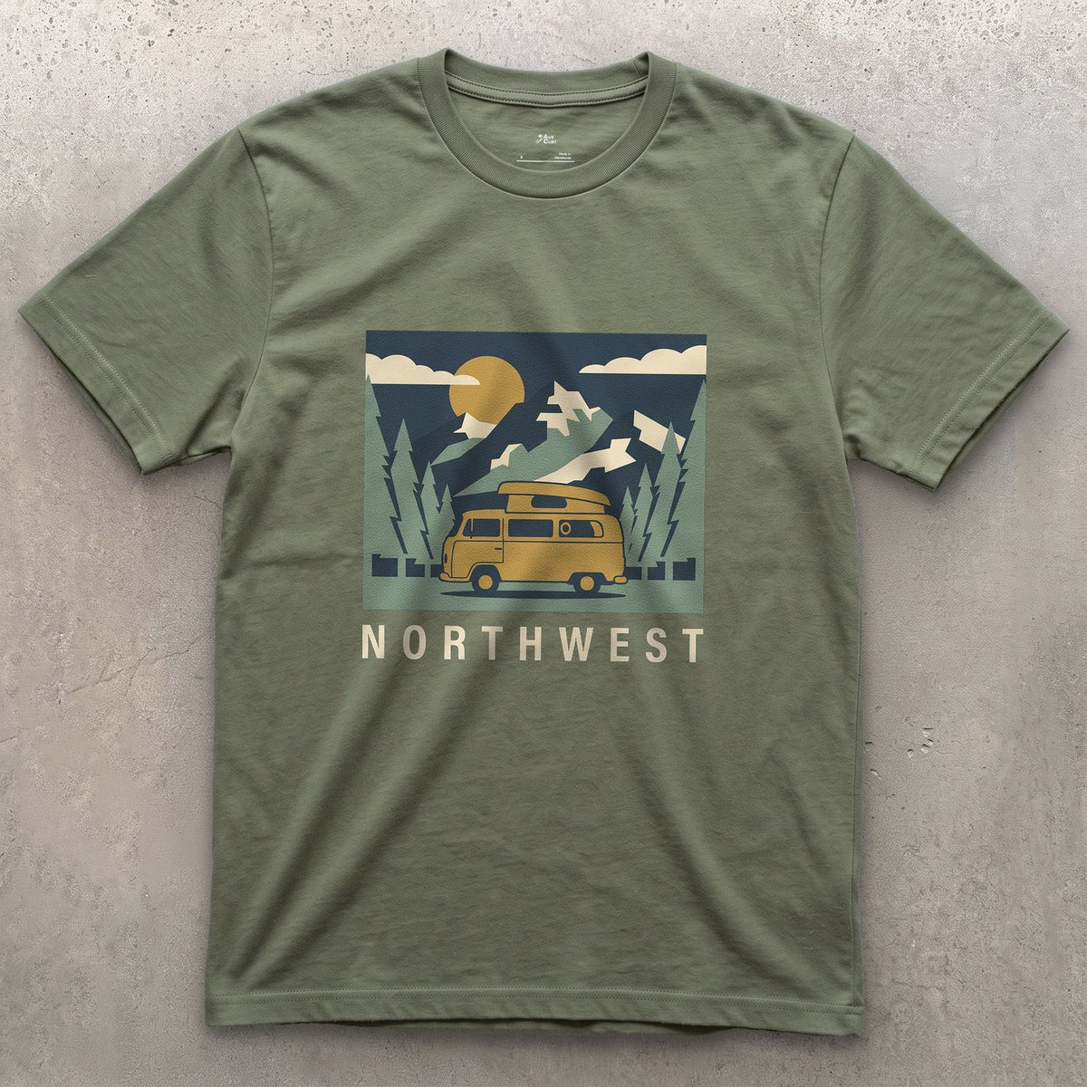 Northwest Camper Under a Full Moon and Pines design on a Military Green Gildan Softstyle t-shirt