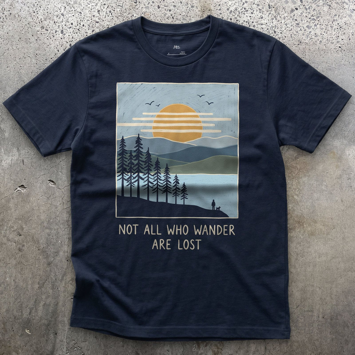 Not All Who Wander Are Lost design on a Navy Gildan Softstyle t-shirt