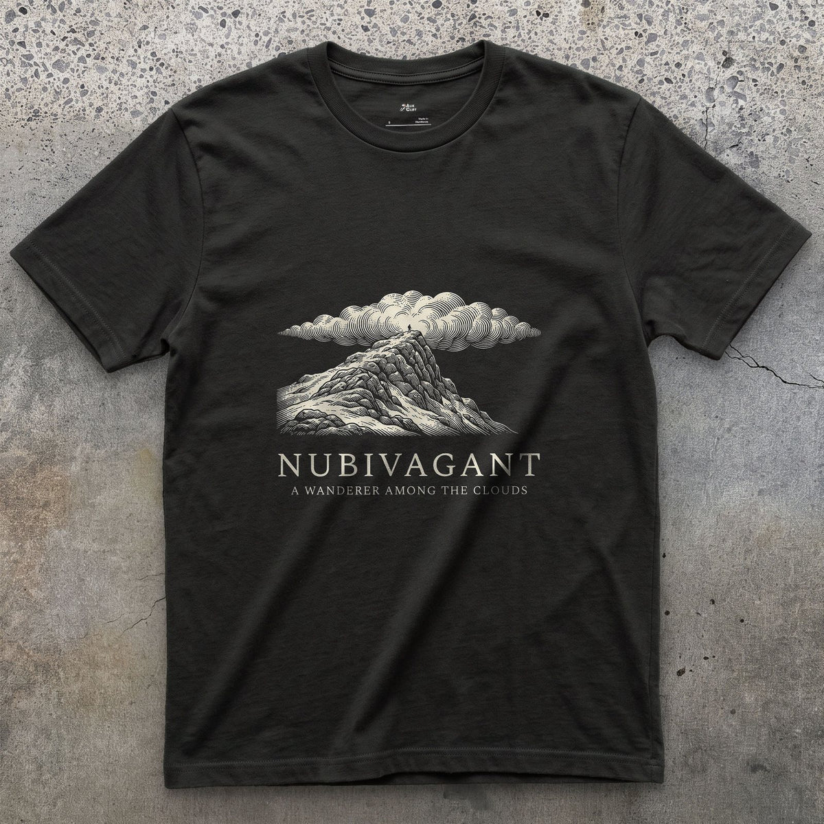 Nubivagant, a Wanderer Among the Clouds design on a Black Gildan Softstyle t-shirt