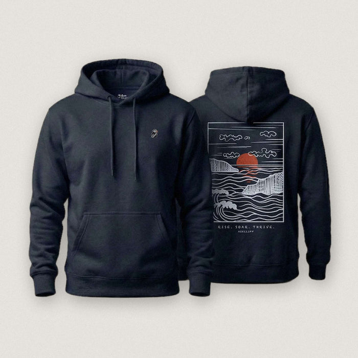 AukCliff Ocean Sunset Waves hoodie in Navy, sunset and waves line art across the back