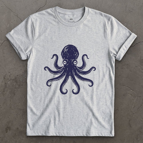 Every Arm, Every Sucker, Navy Octopus design on a Sport Grey Gildan Softstyle t-shirt