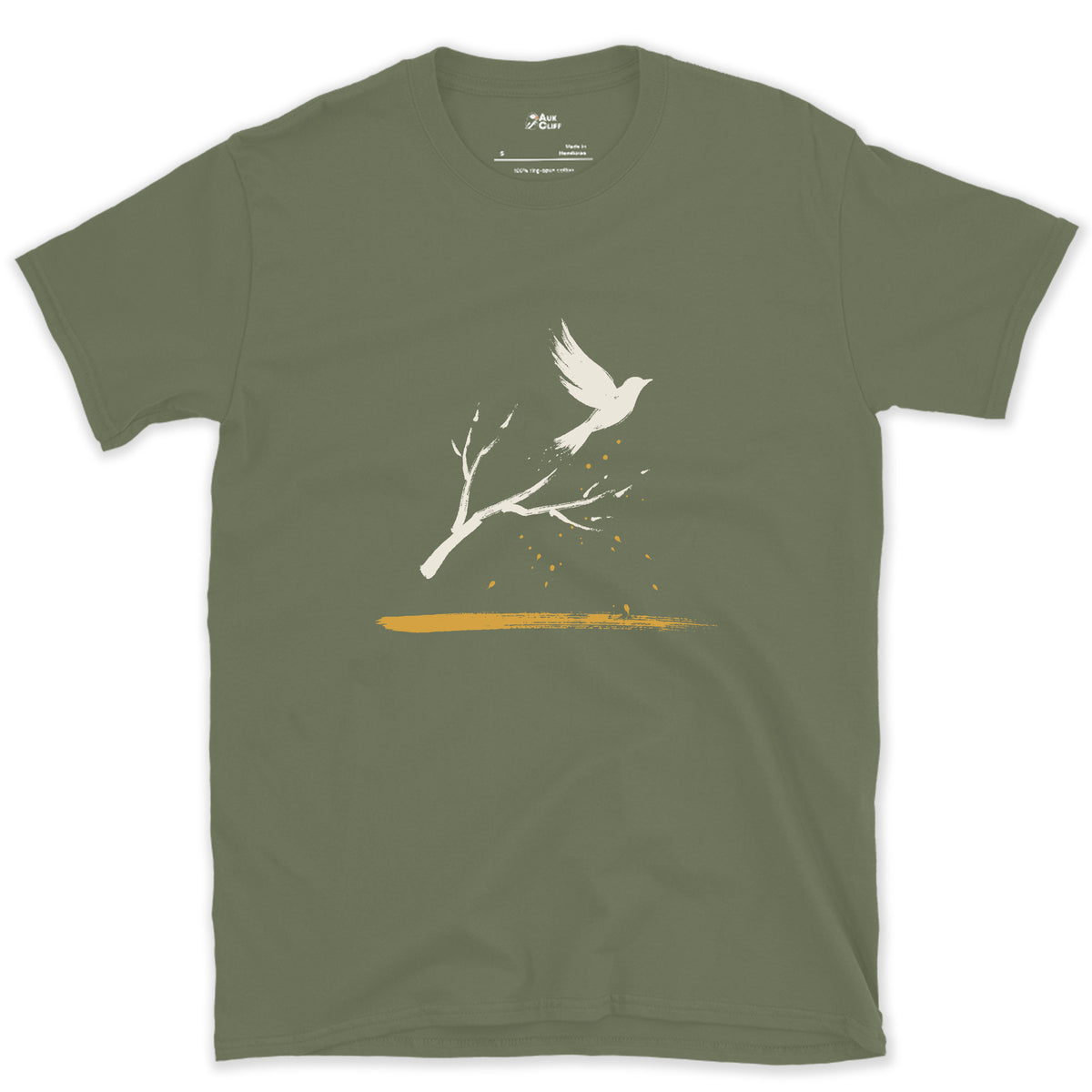 Off the Branch design on a Military Green Gildan Softstyle t-shirt