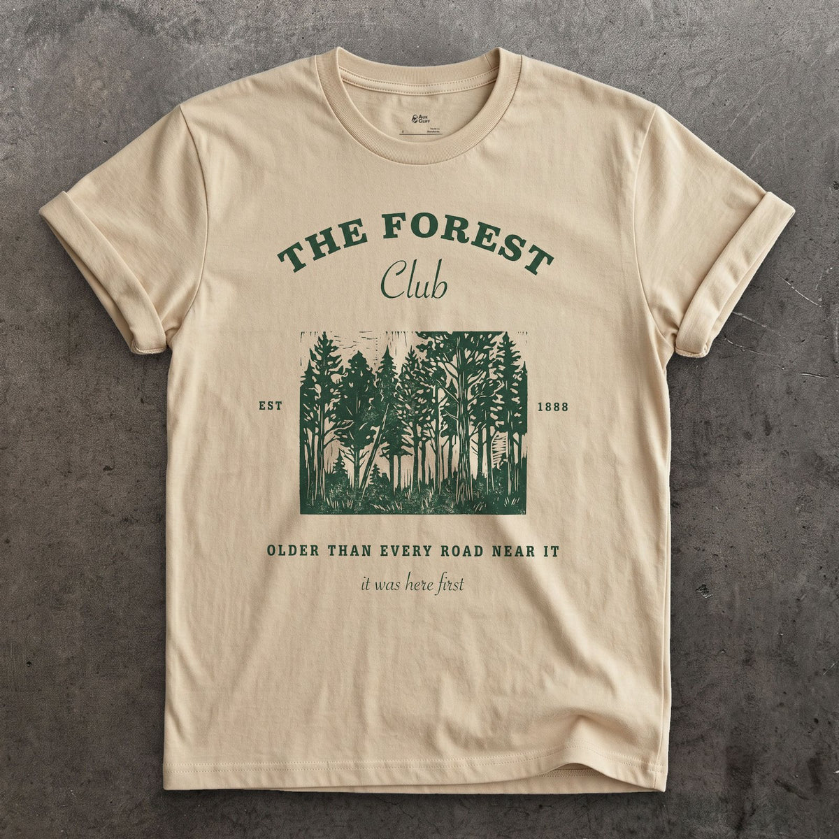 Older Than Every Road Nearby, Forest Club design on a Sand Gildan Softstyle t-shirt