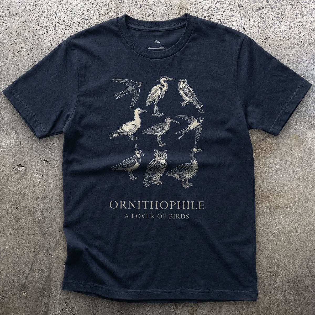 Ornithophile, a Lover of Birds design on a Navy Gildan Softstyle t-shirt