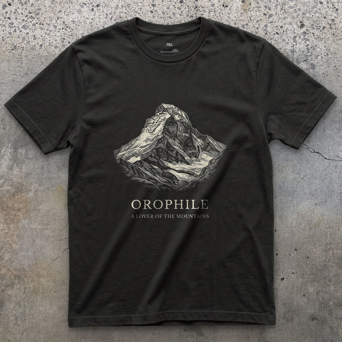 Orophile, a Lover of the Mountains design on a Black Gildan Softstyle t-shirt