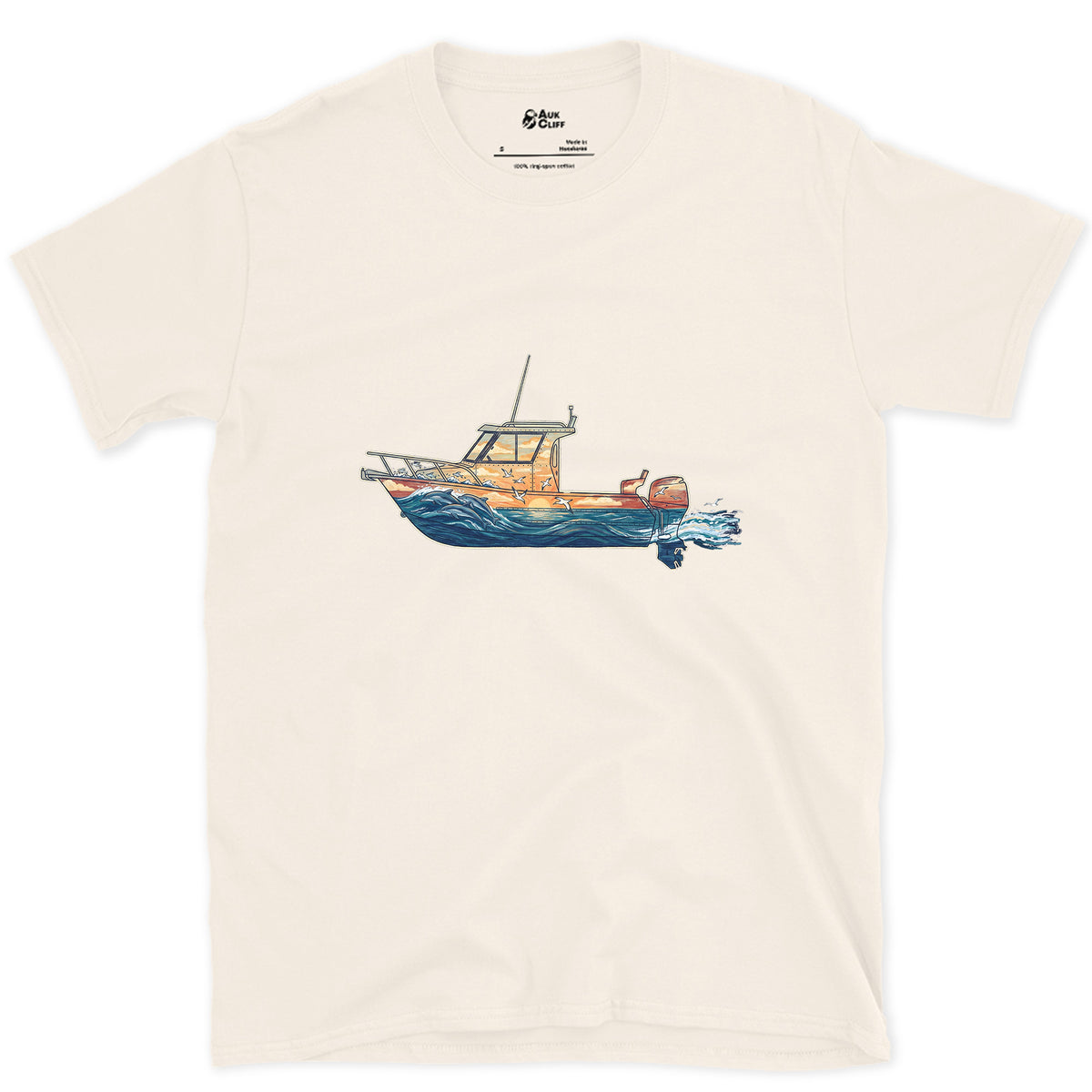Out Before Daybreak, Cabin Boat design on a Natural Gildan Softstyle t-shirt