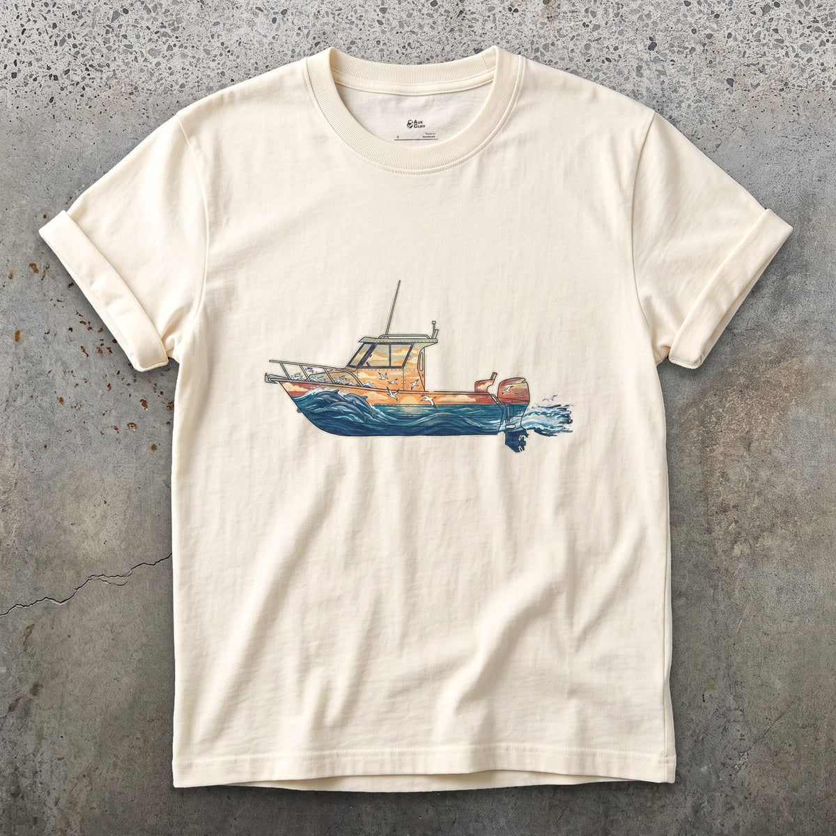 Out Before Daybreak, Cabin Boat design on a Natural Gildan Softstyle t-shirt