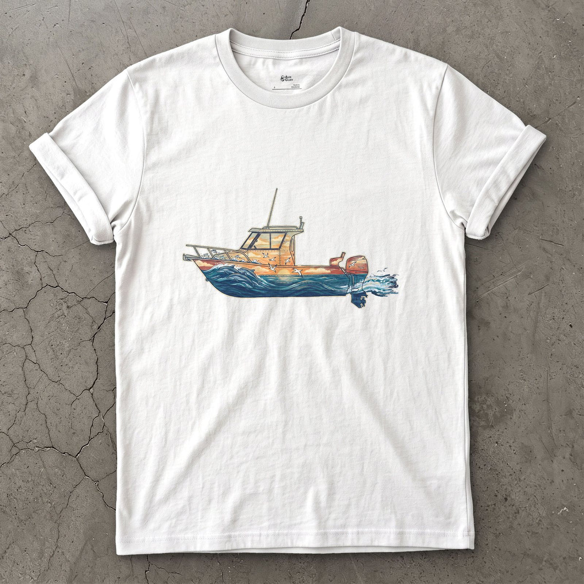 Out Before Daybreak, Cabin Boat design on a White Gildan Softstyle t-shirt
