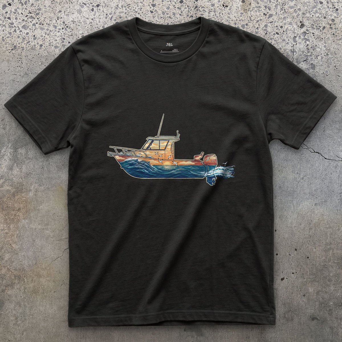 Out Before Daybreak, Cabin Boat design on a Black Gildan Softstyle t-shirt