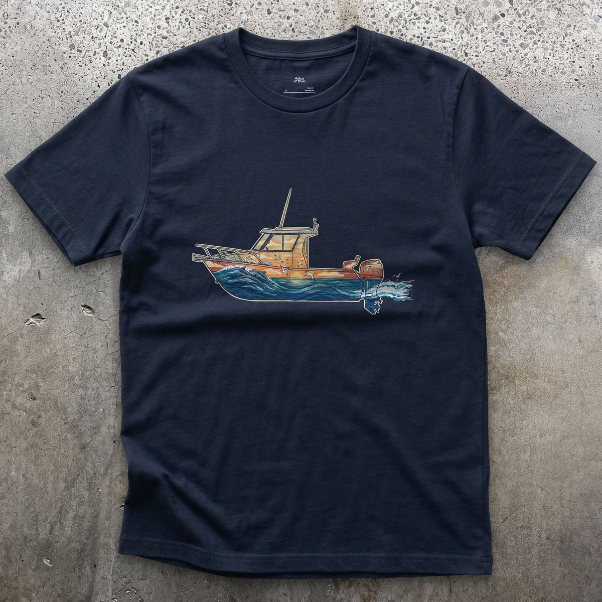 Out Before Daybreak, Cabin Boat design on a Navy Gildan Softstyle t-shirt