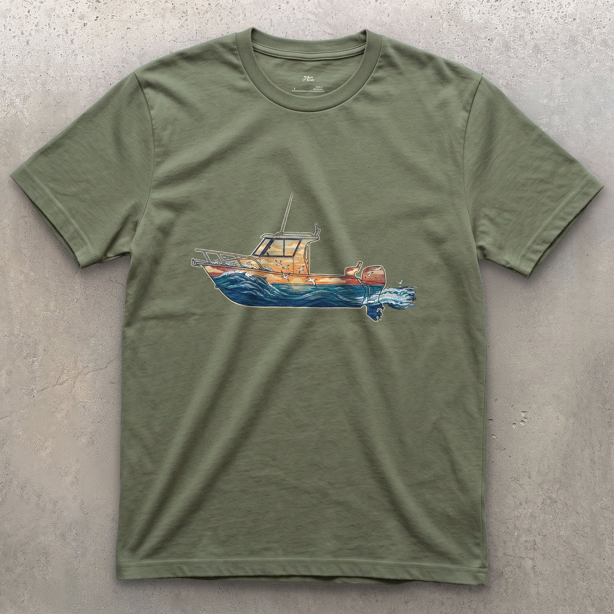 Out Before Daybreak, Cabin Boat design on a Military Green Gildan Softstyle t-shirt