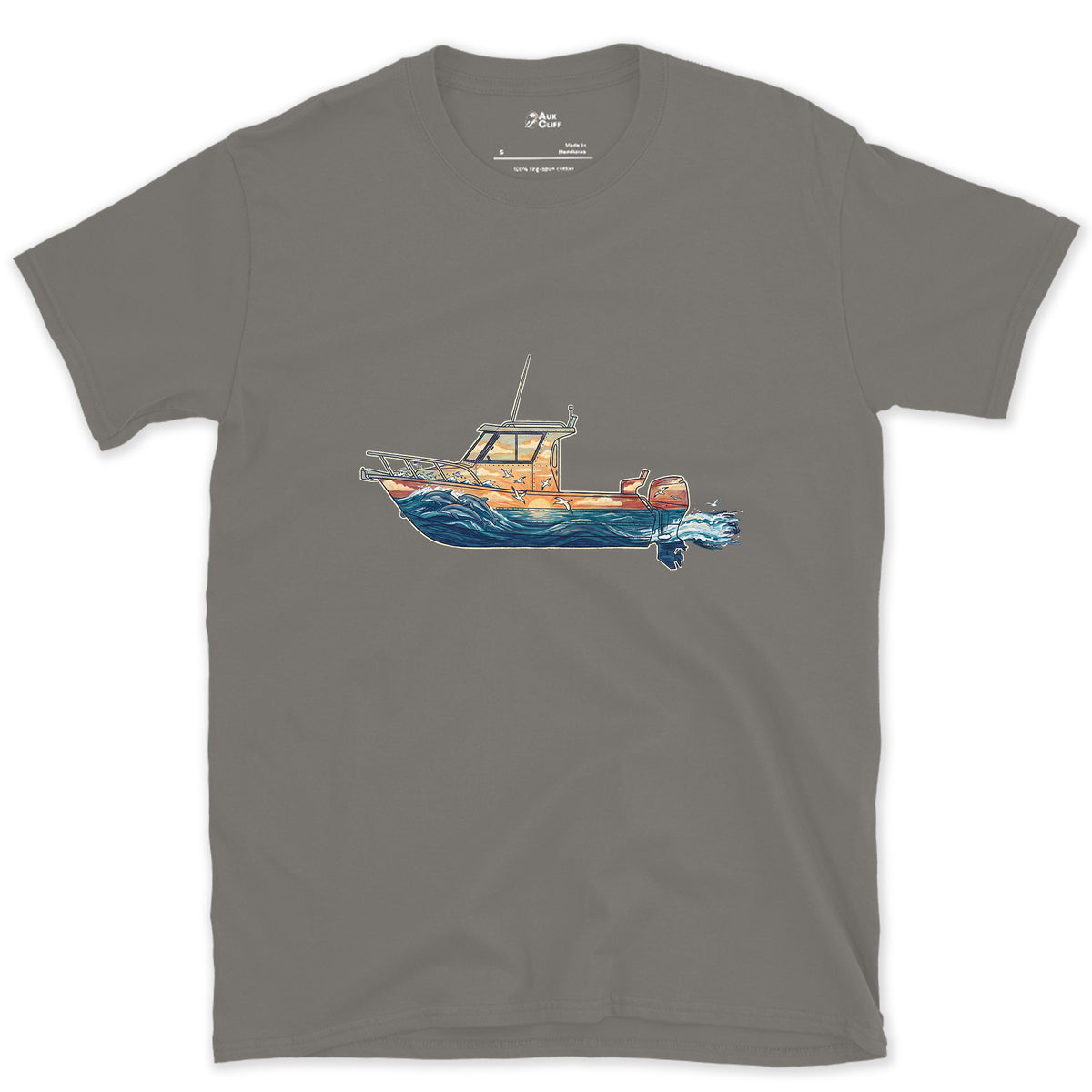Out Before Daybreak, Cabin Boat design on a Charcoal Gildan Softstyle t-shirt