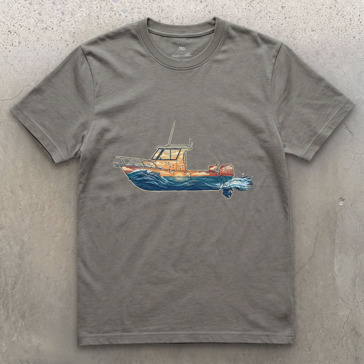 Out Before Daybreak, Cabin Boat design on a Charcoal Gildan Softstyle t-shirt