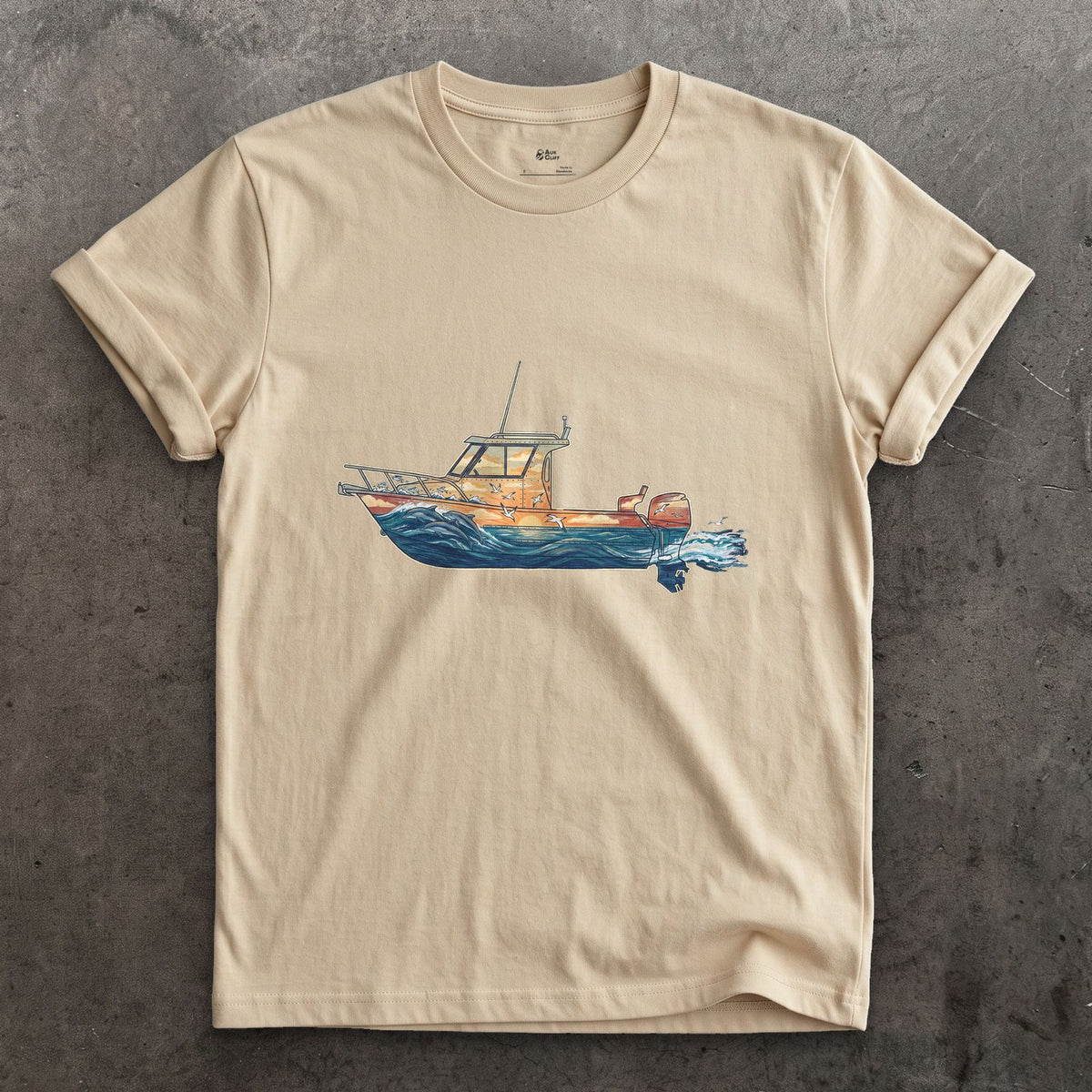 Out Before Daybreak, Cabin Boat design on a Sand Gildan Softstyle t-shirt