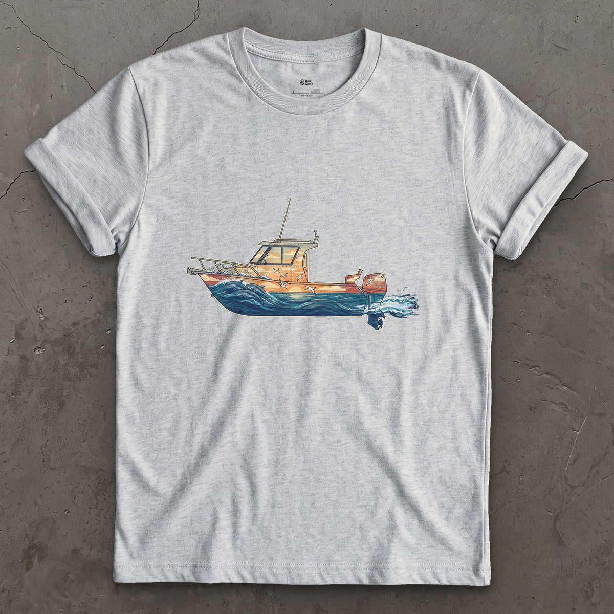 Out Before Daybreak, Cabin Boat design on a Sport Grey Gildan Softstyle t-shirt