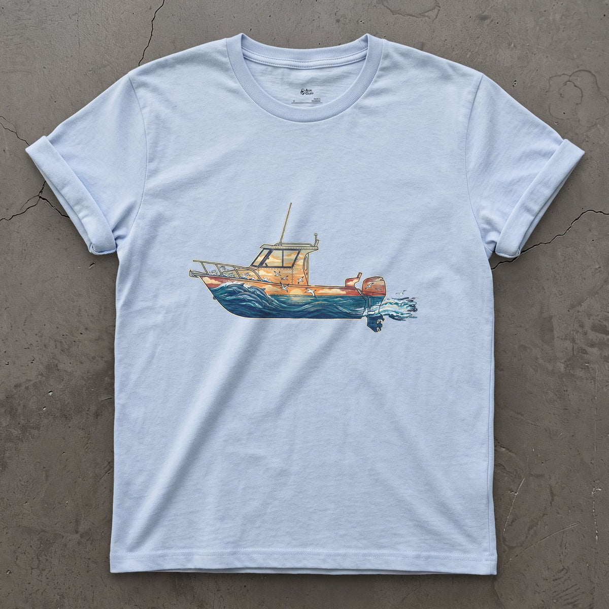 Out Before Daybreak, Cabin Boat design on a Light Blue Gildan Softstyle t-shirt