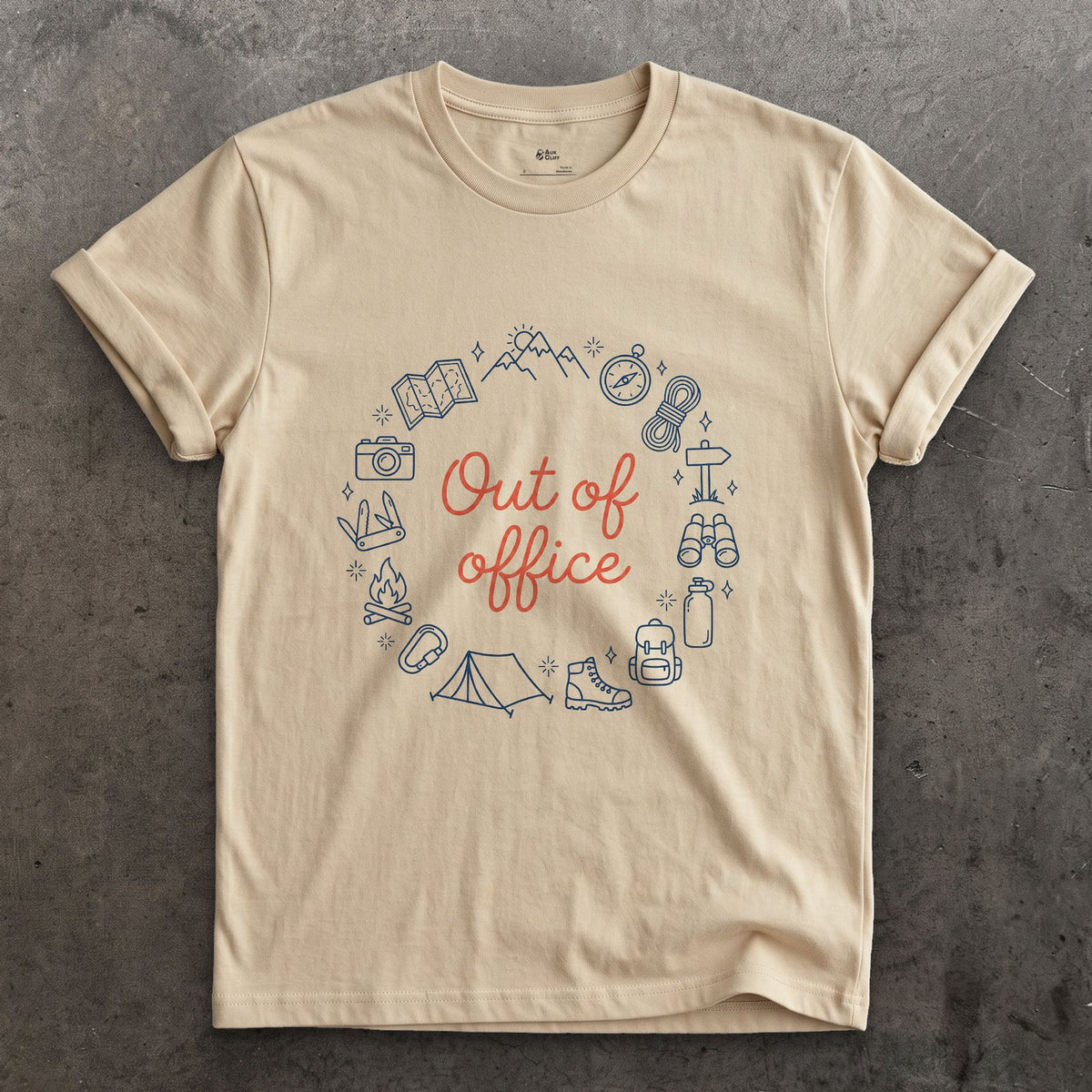 Out of Office, Camp Wreath design on a Sand Gildan Softstyle t-shirt