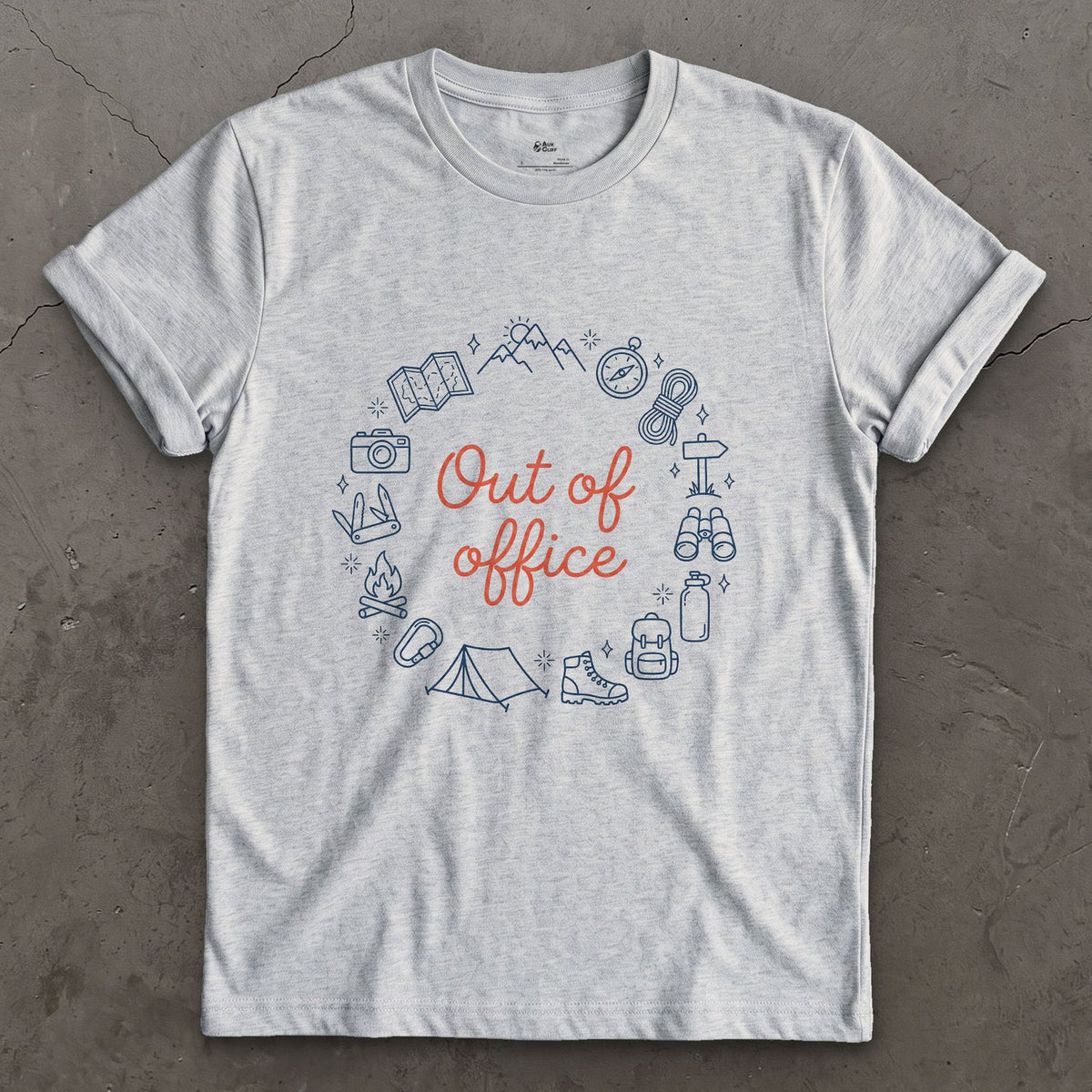 Out of Office, Camp Wreath design on a Sport Grey Gildan Softstyle t-shirt