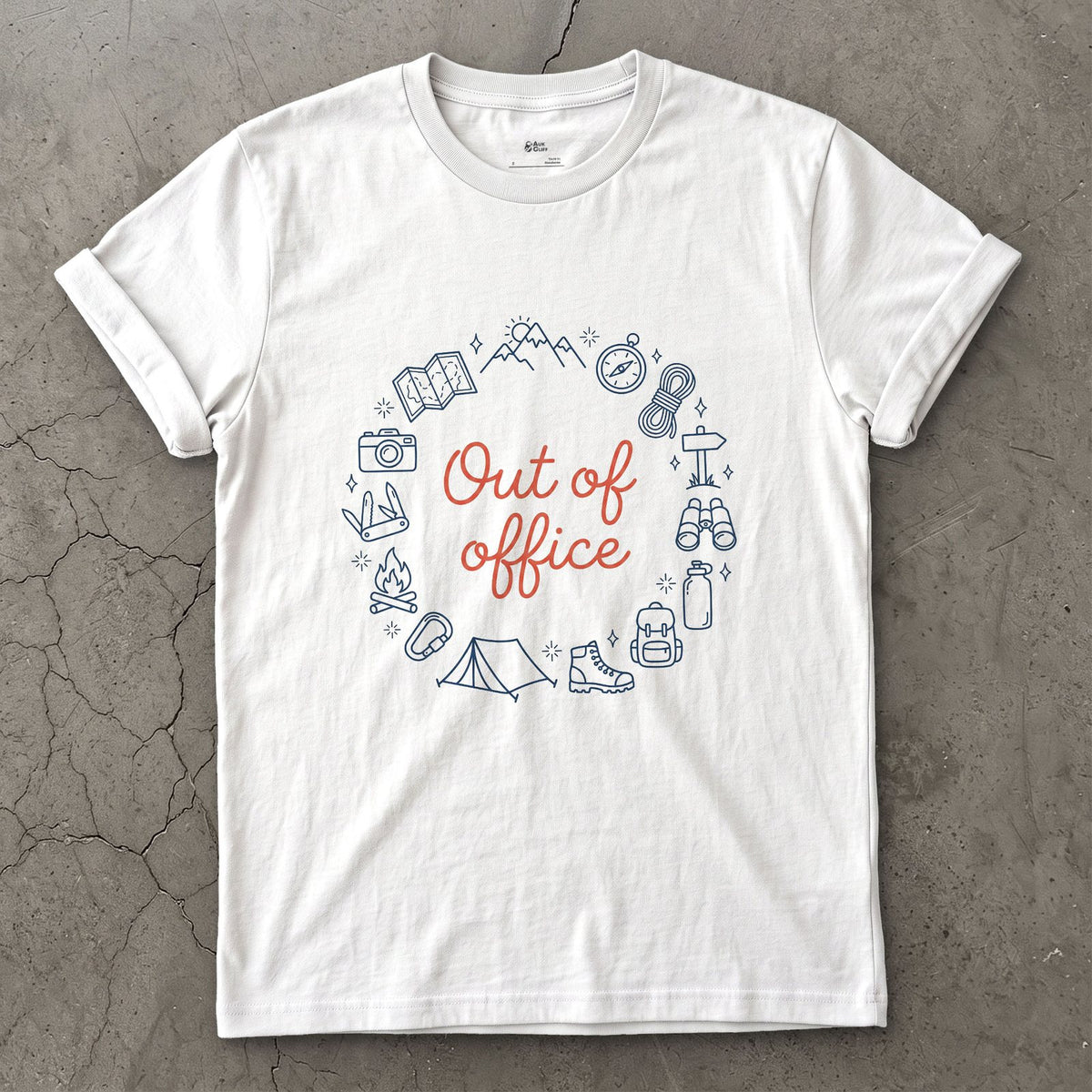 Out of Office, Camp Wreath design on a White Gildan Softstyle t-shirt