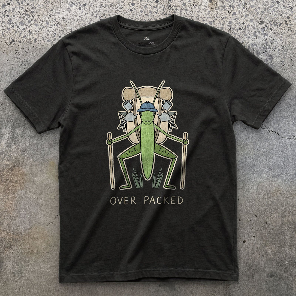 Too Big for Its Own Frame, Grasshopper Hiker design on a Black Gildan Softstyle t-shirt