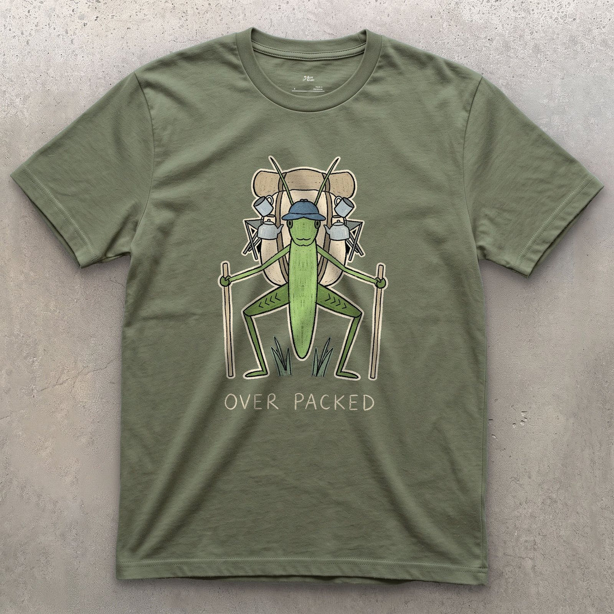 Too Big for Its Own Frame, Grasshopper Hiker design on a Military Green Gildan Softstyle t-shirt