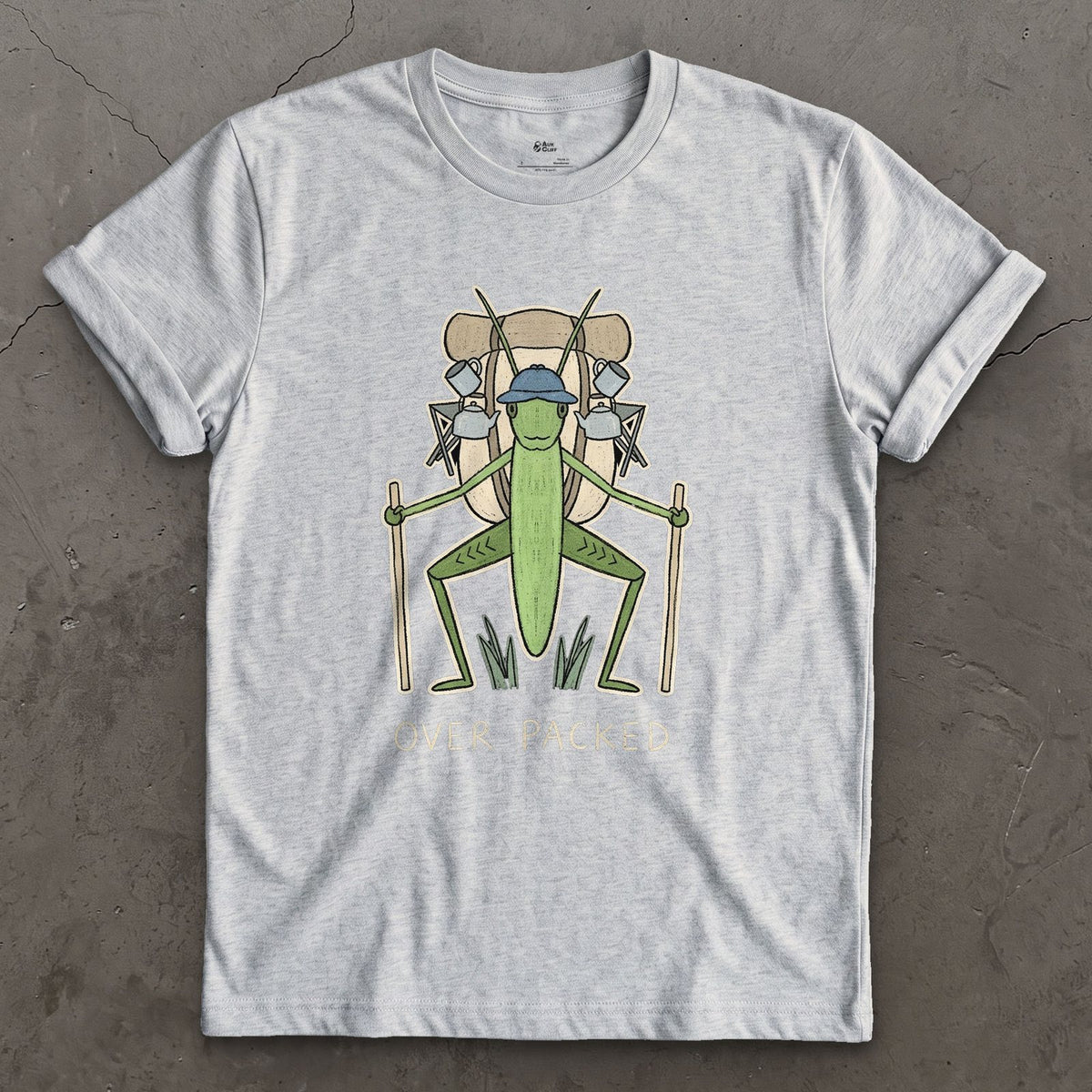 Too Big for Its Own Frame, Grasshopper Hiker design on a Sport Grey Gildan Softstyle t-shirt