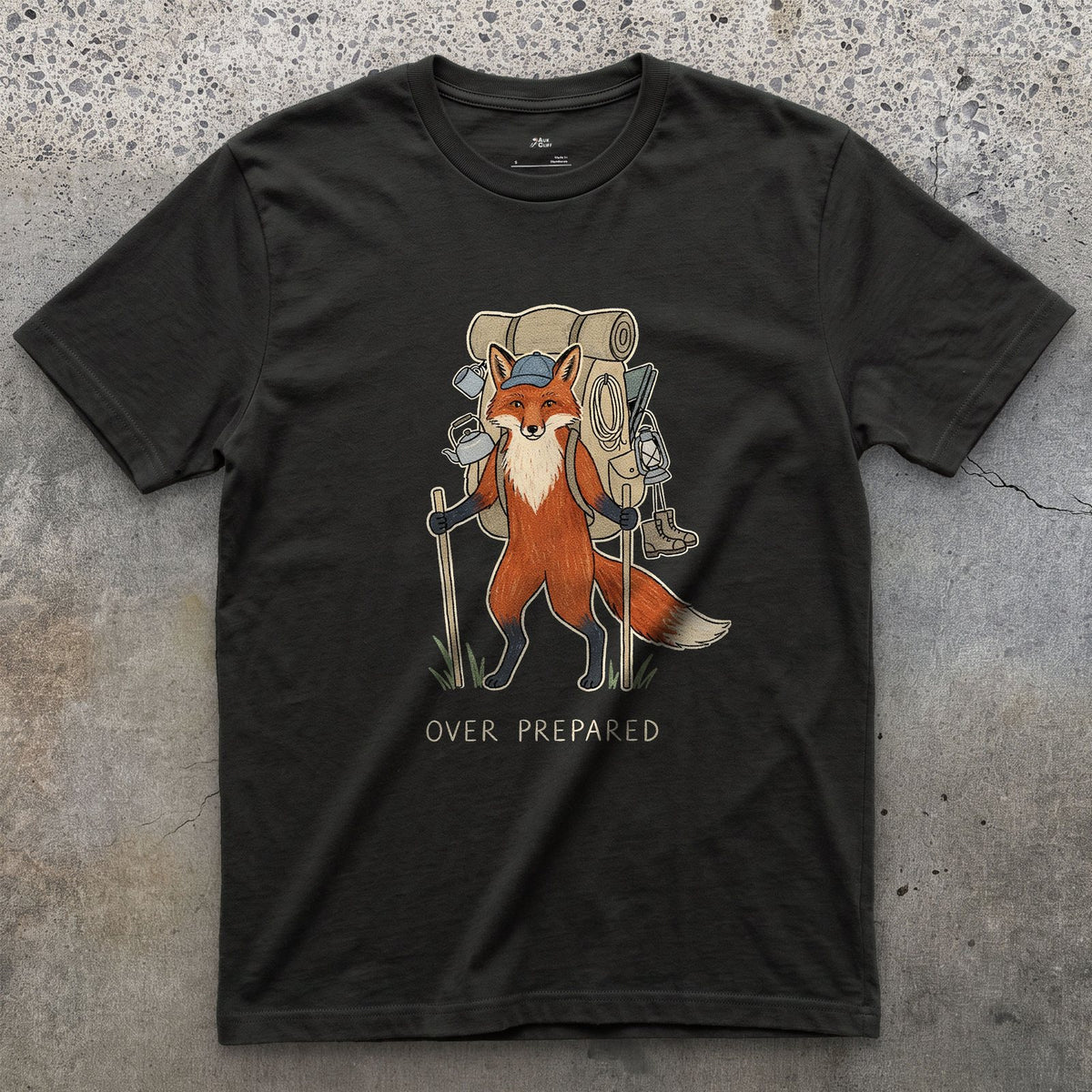 Packed for Every Scenario, Fox Hiker design on a Black Gildan Softstyle t-shirt