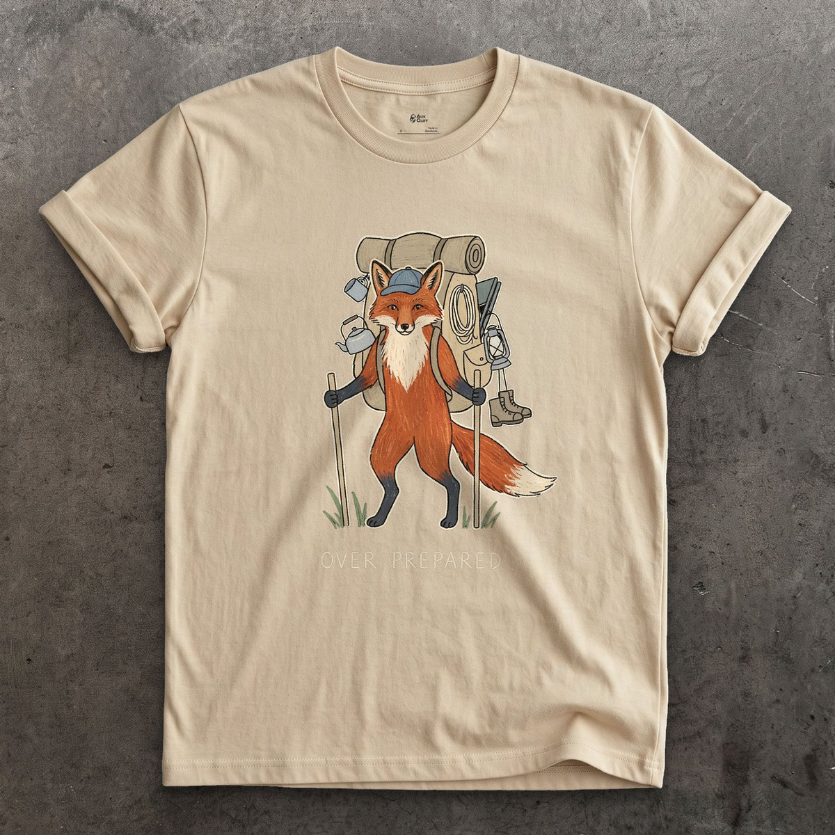 Packed for Every Scenario, Fox Hiker design on a Sand Gildan Softstyle t-shirt