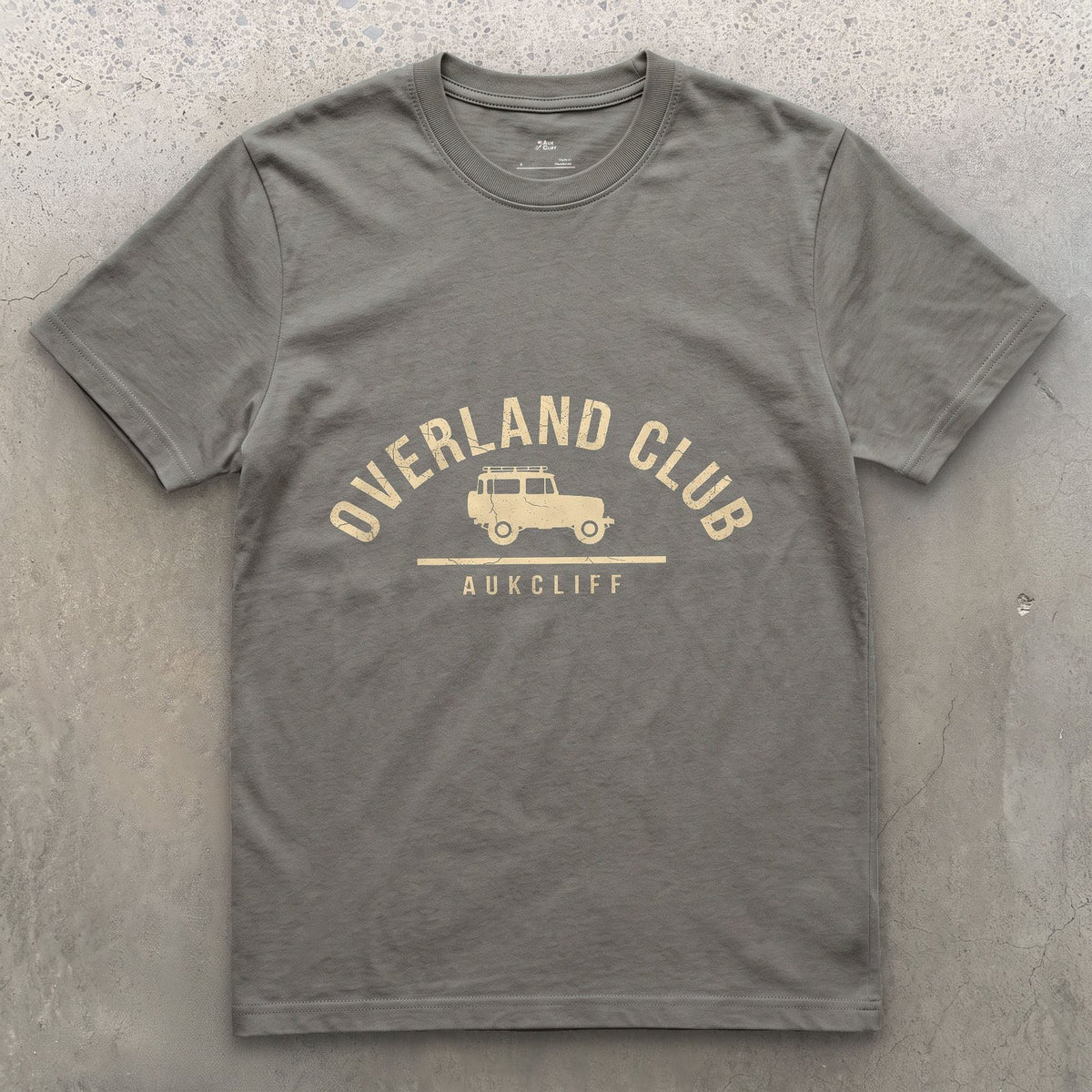 Overland Club Arch Badge, Wagon at the Centre design on a Charcoal Gildan Softstyle t-shirt