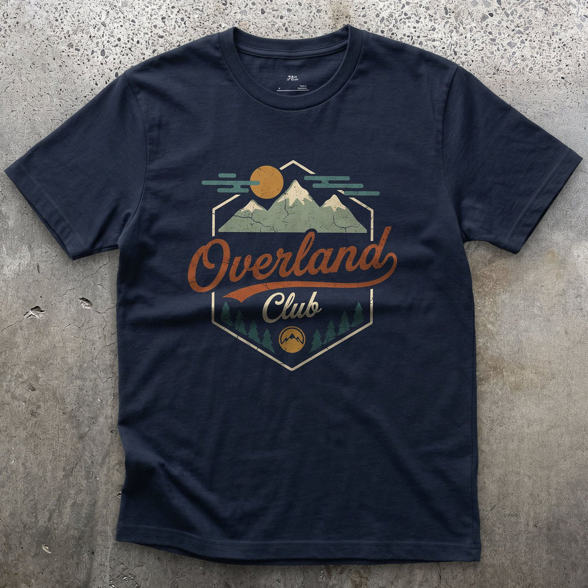 Six Sides Around the Range, Overland Club design on a Navy Gildan Softstyle t-shirt