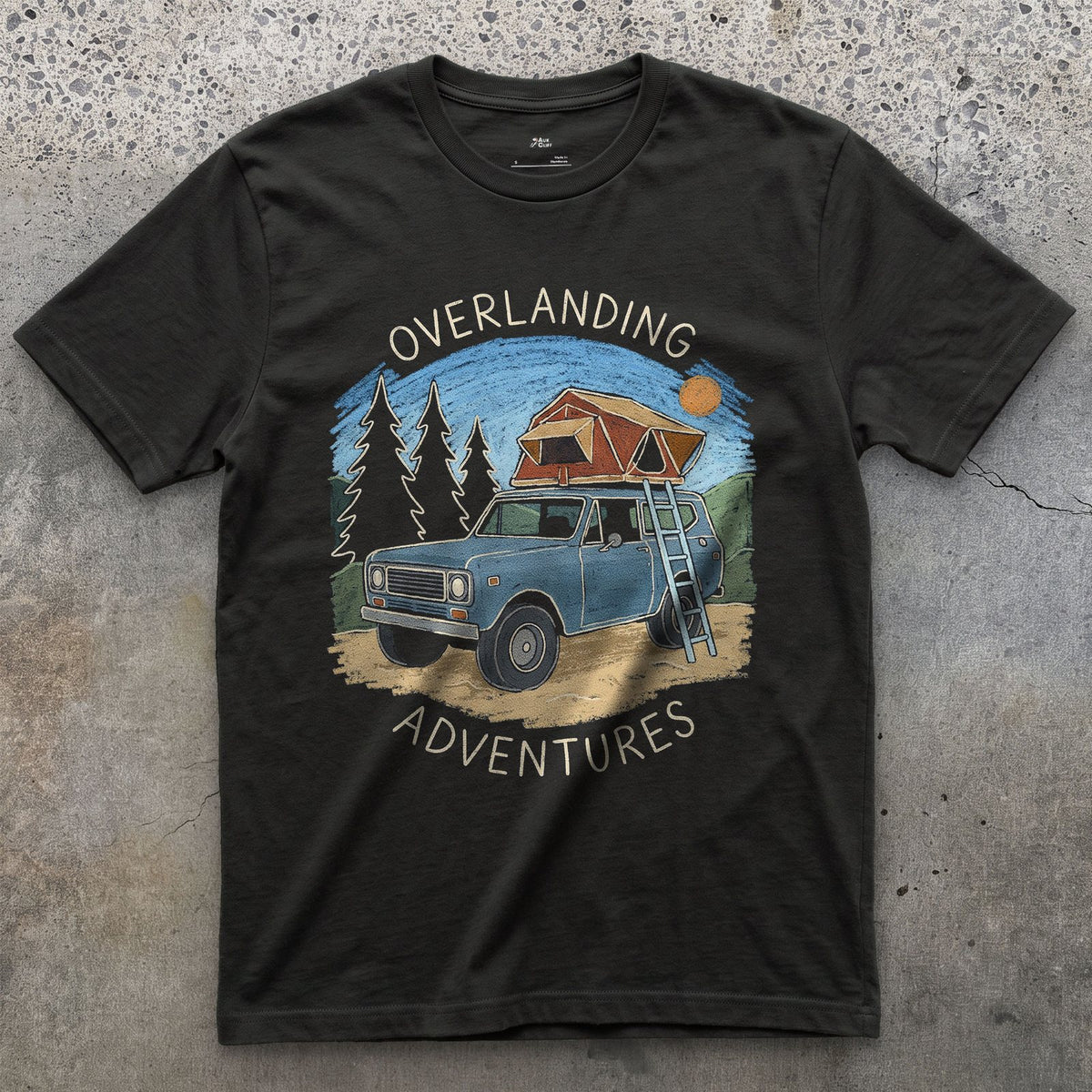Overlanding Adventures, Tent Among the Pines design on a Black Gildan Softstyle t-shirt
