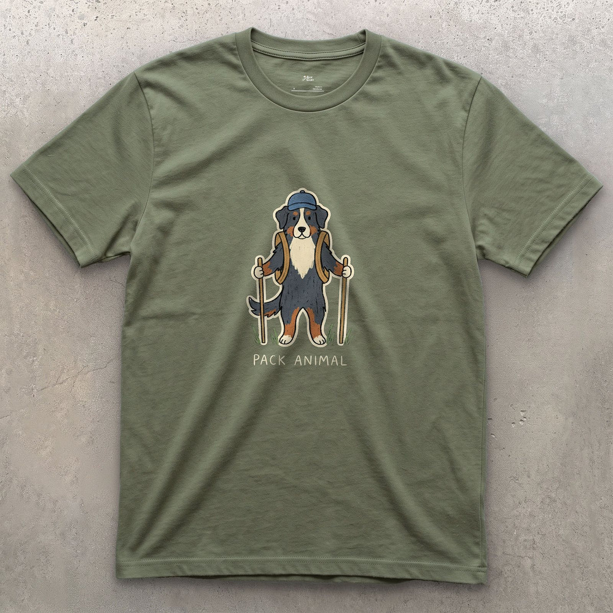 The Pack's Pack Animal, Bernese design on a Military Green Gildan Softstyle t-shirt