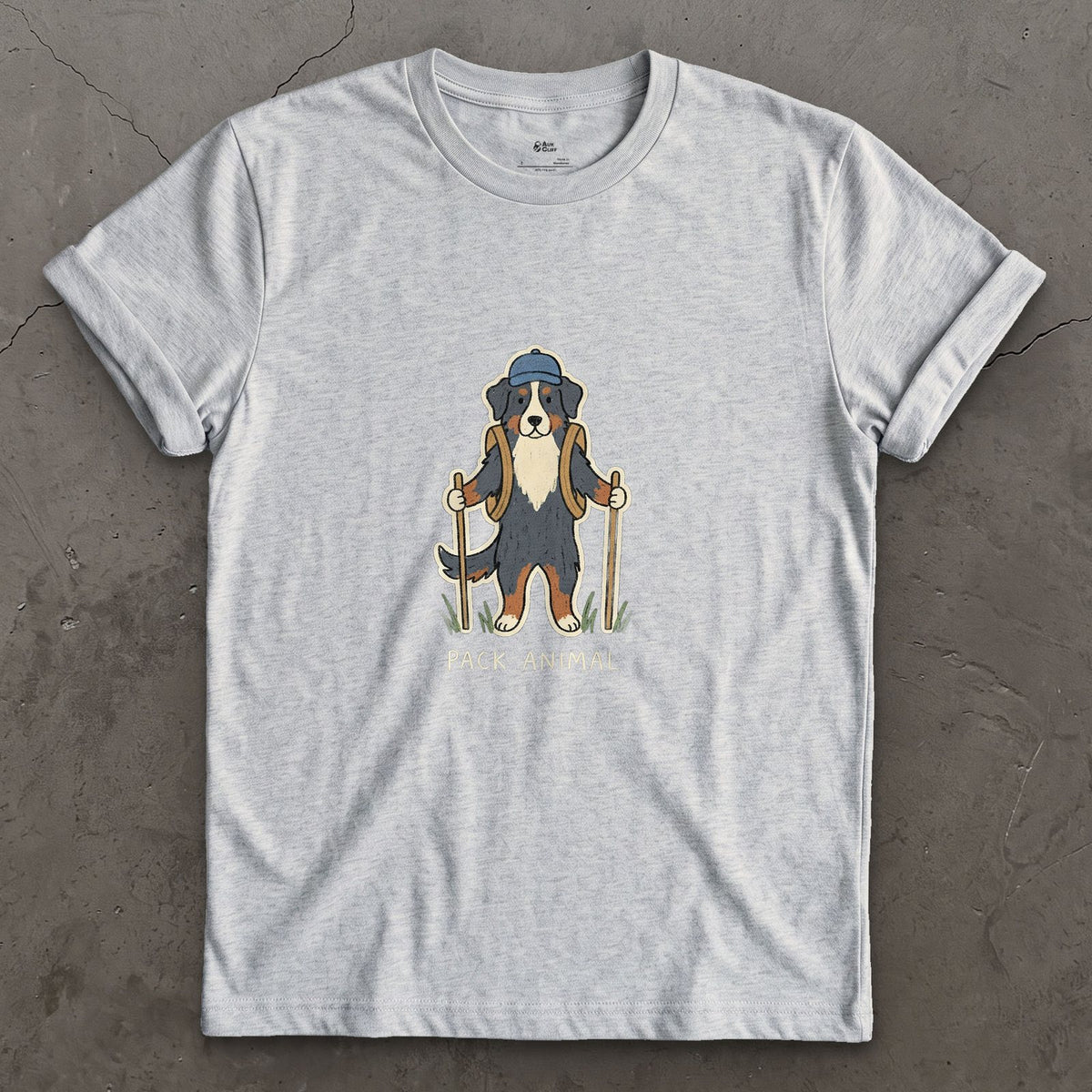 The Pack's Pack Animal, Bernese design on a Sport Grey Gildan Softstyle t-shirt