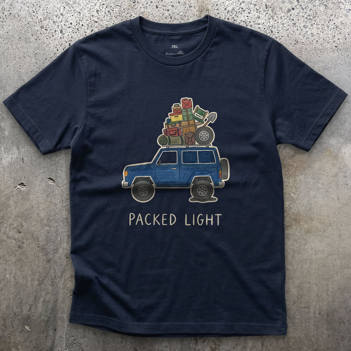 Packed Light, Blue 4x4 Wagon Roof Rack design on a Navy Gildan Softstyle t-shirt