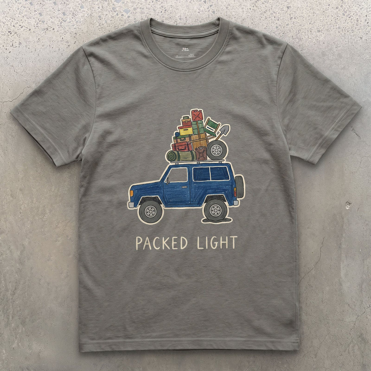 Packed Light, Blue 4x4 Wagon Roof Rack design on a Charcoal Gildan Softstyle t-shirt